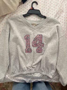 Aeropostale Gray V-Neck Cropped Sweatshirt with Floral Number 14